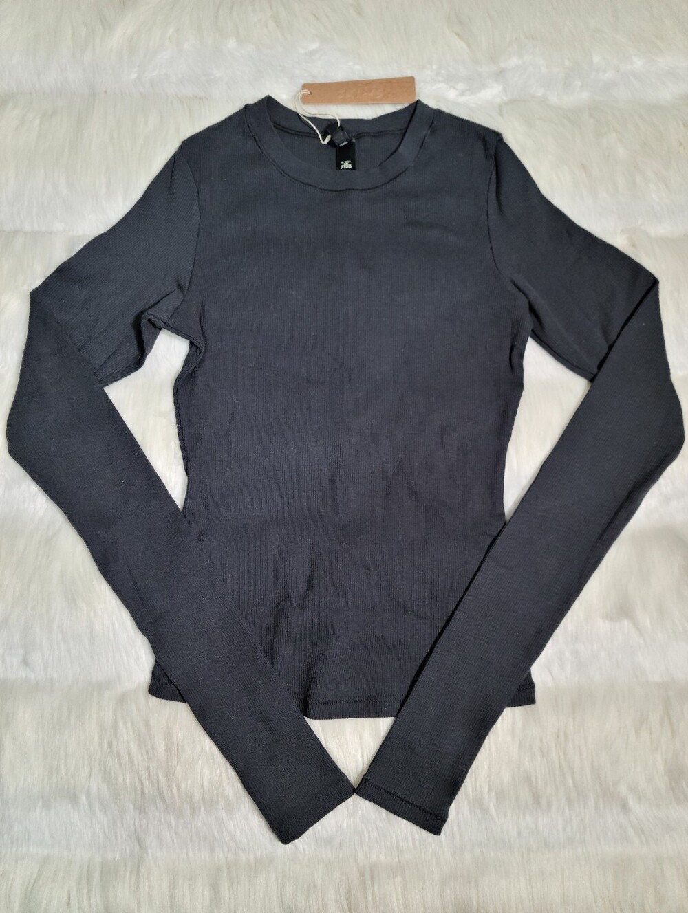 SKIMS Cotton Rib Long Sleeve T Shirt Black Soot Women XS NEW